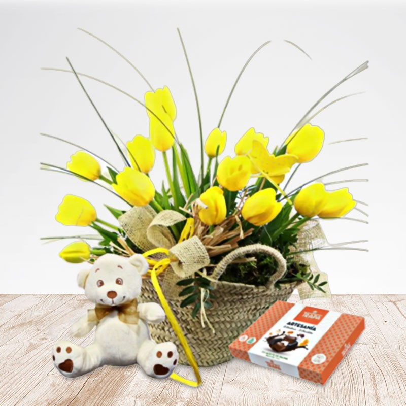 Tulips basket with teddy and chocolates